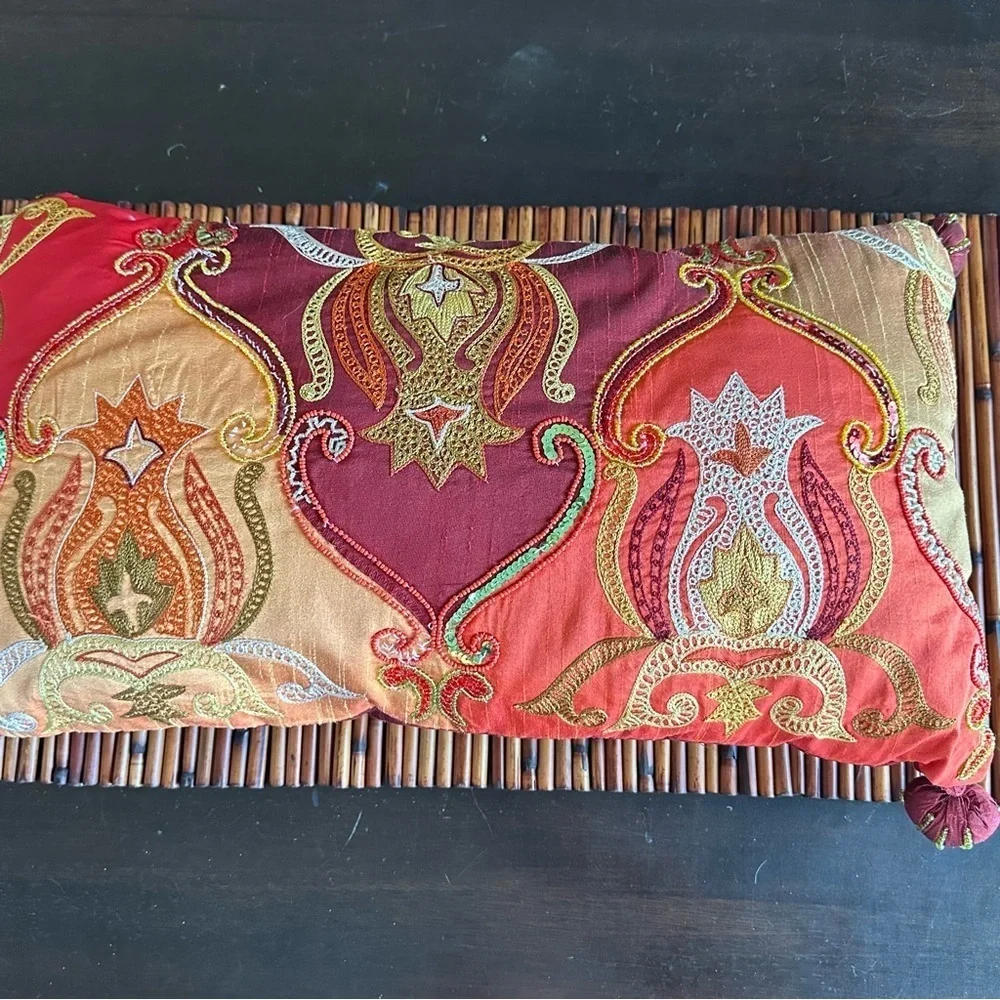 Pier 1 RARE Handmade Embroidered Appliqué Pillow Pom Pom Beaded Accents